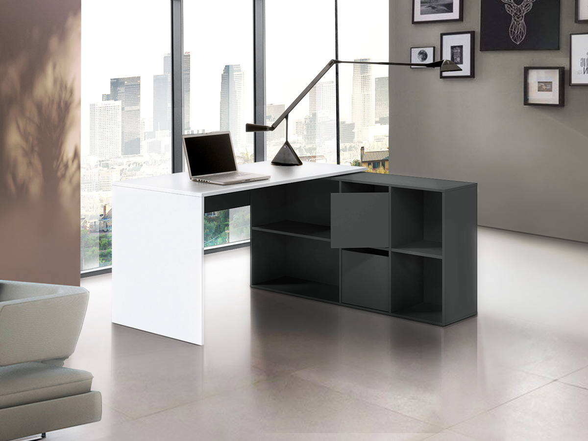 Scrivania pluriposizionabile, finitura Bianco opaco e Grigio antracite