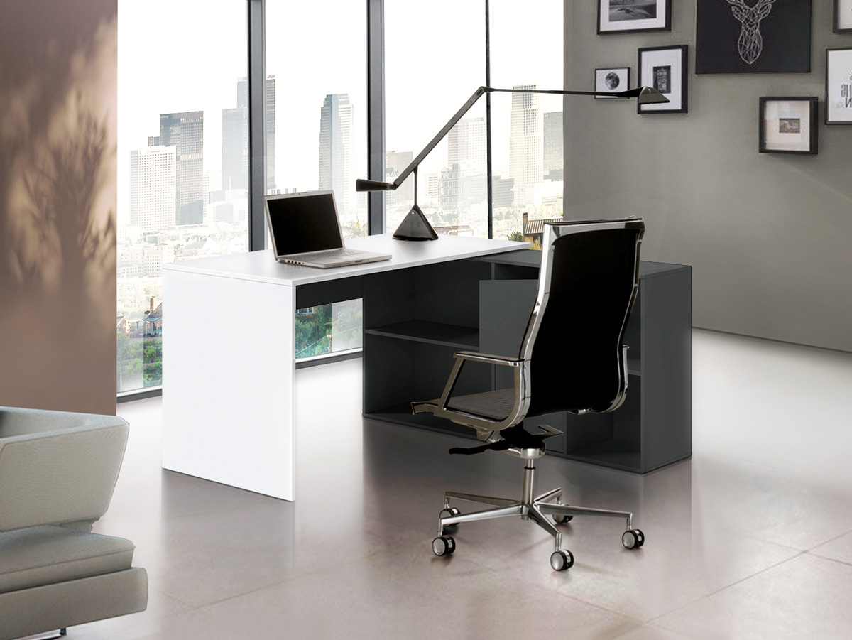 Scrivania pluriposizionabile, finitura Bianco opaco e Grigio antracite