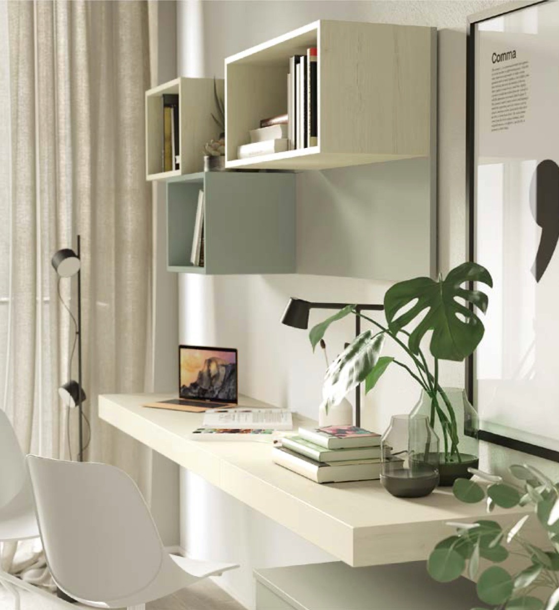 Scrivania sospesa doppia postazione con pensili, finitura Natural wood e Domy