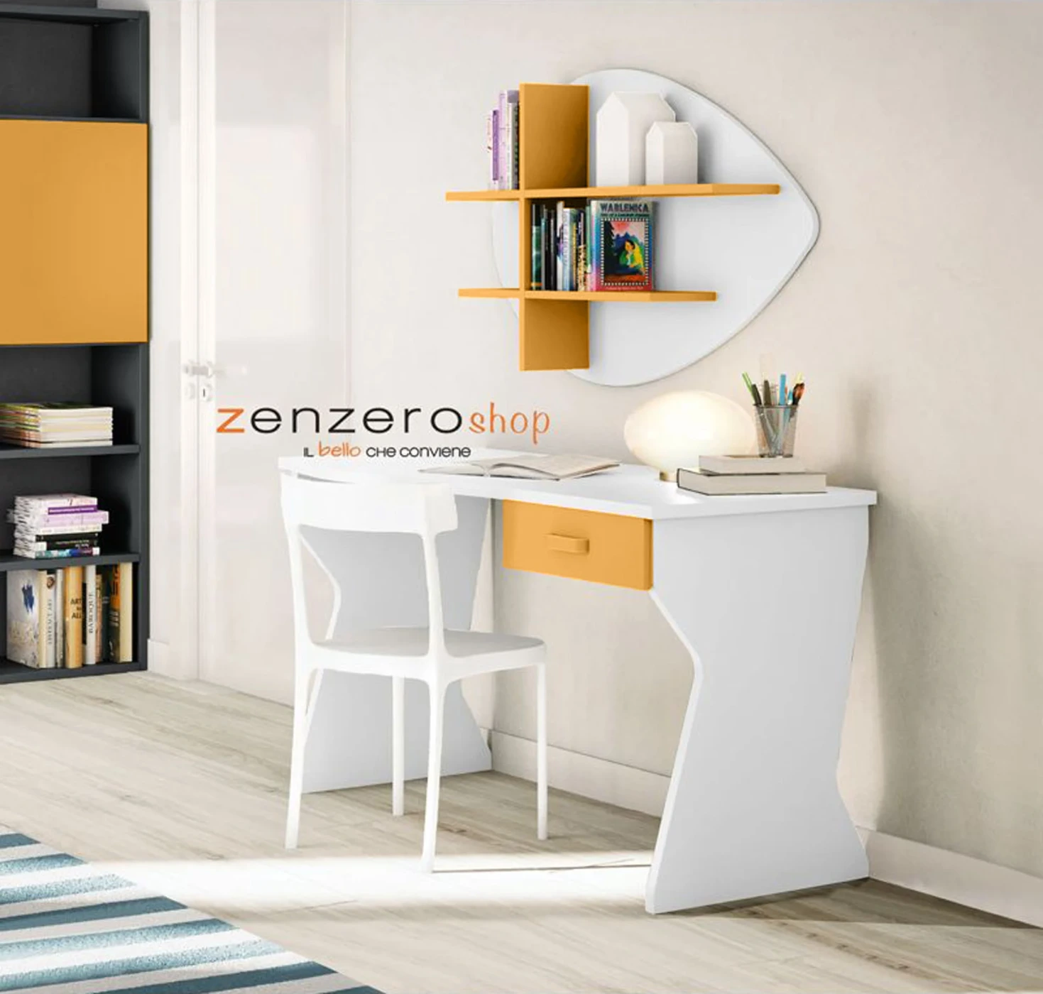 Scrivania moderna con 1 cassetto in finitura Miele e Bianco Opaco