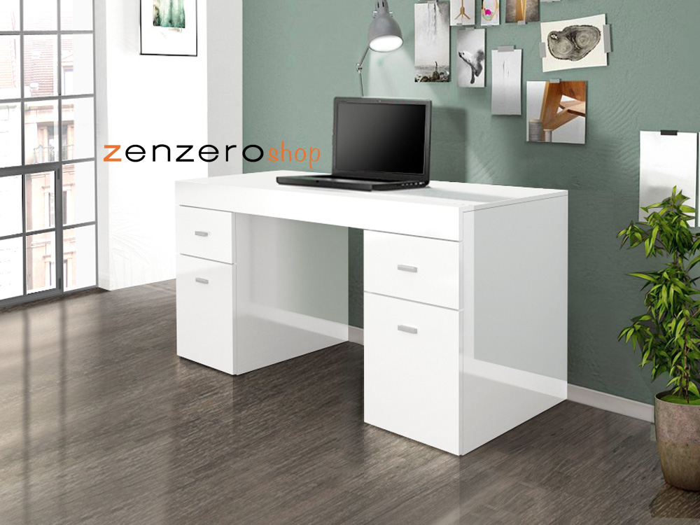 Scrivania 2 ante e 2 cassetti bianco larice e bianco lucido, made in Italy