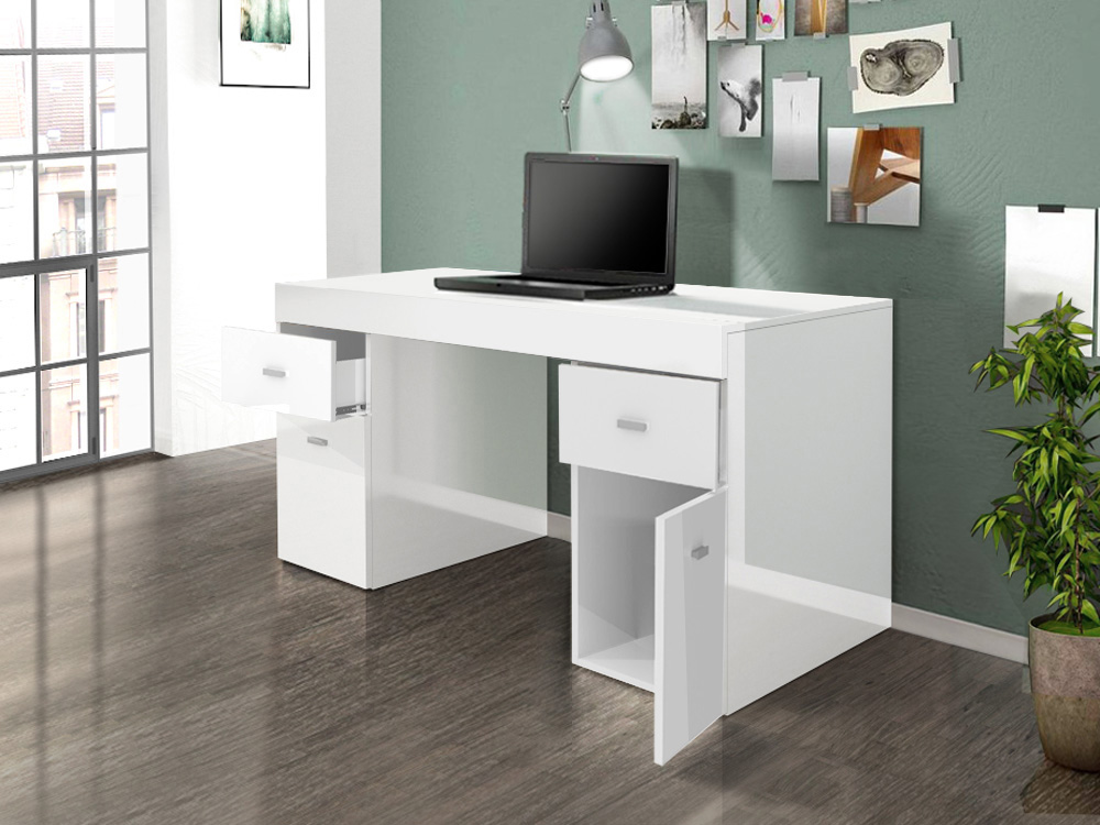 Scrivania 2 ante e 2 cassetti bianco larice e bianco lucido, made in Italy