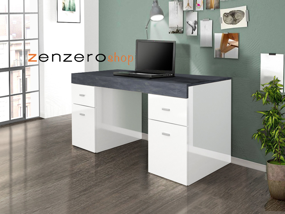 Scrivania 2 ante e 2 cassetti bianco lucido e ardesia, made in Italy