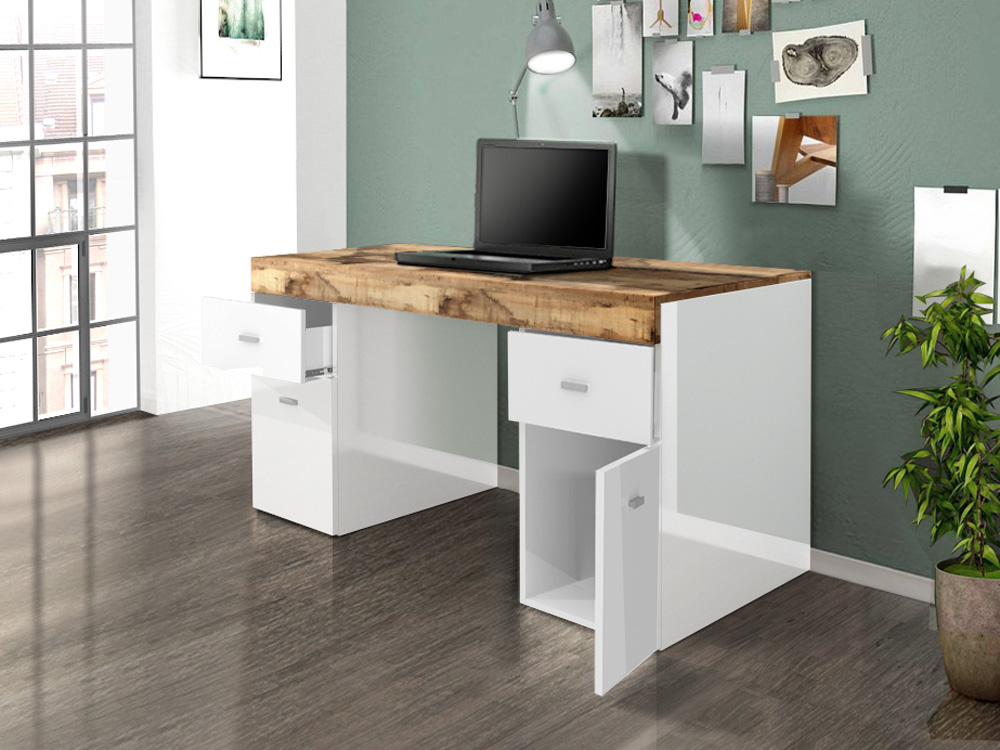 Scrivania 2 ante e 2 cassetti bianco lucido e pero, made in Italy