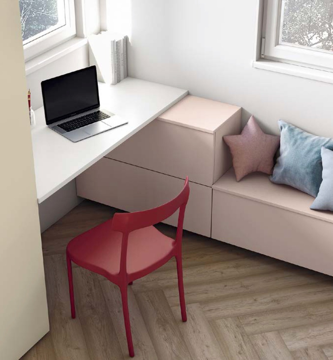 Scrivania con elementi sospesi per cameretta, finitura Bianco opaco e Cipria