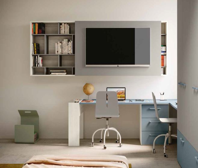 Scrivania doppia postazione angolare, finitura Bianco altea e Carta da zucchero