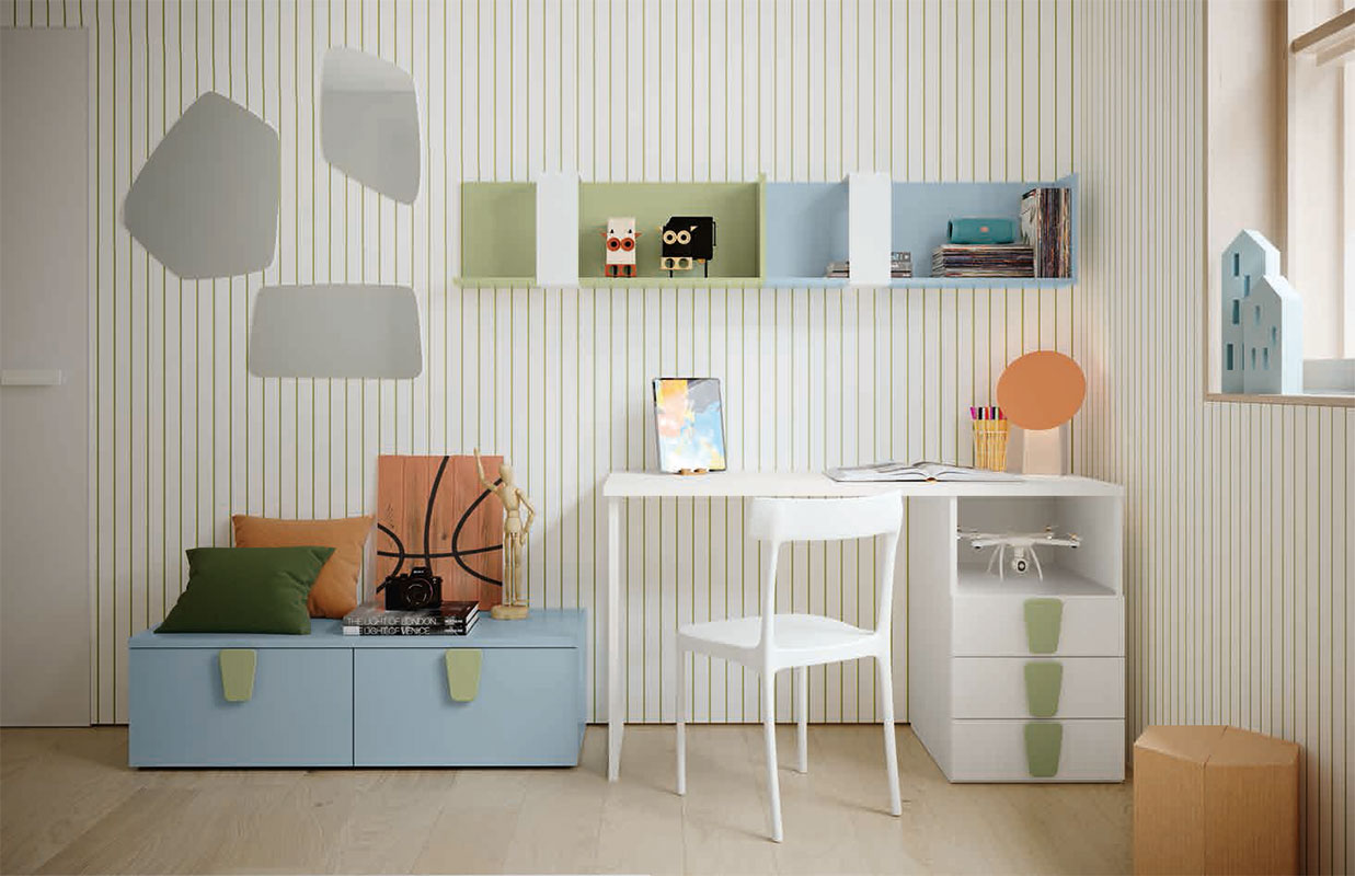 Scrivania con cassettiera Rovere bianco e Oliva