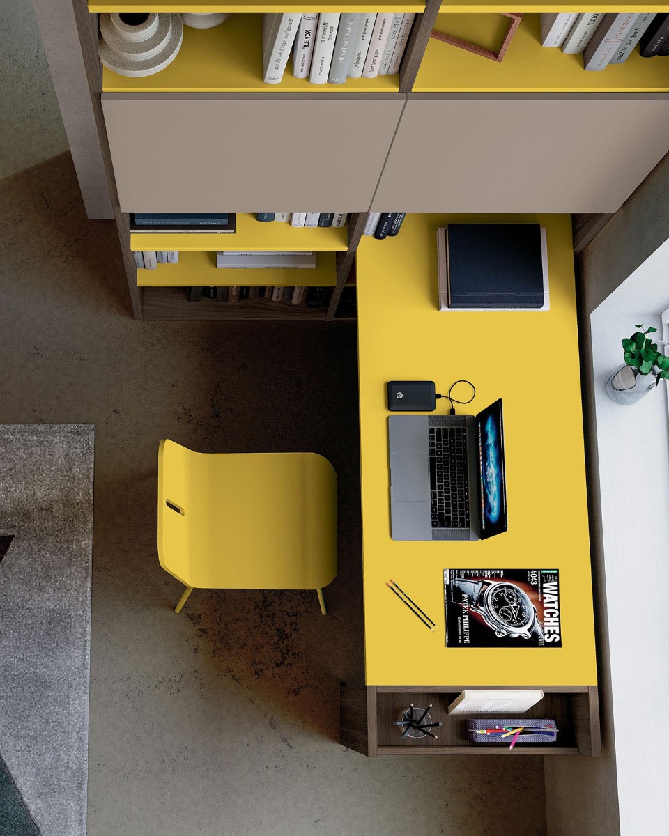 Zona studio per camerette, finitura Bronzo, Noce moro e Giallo cedro