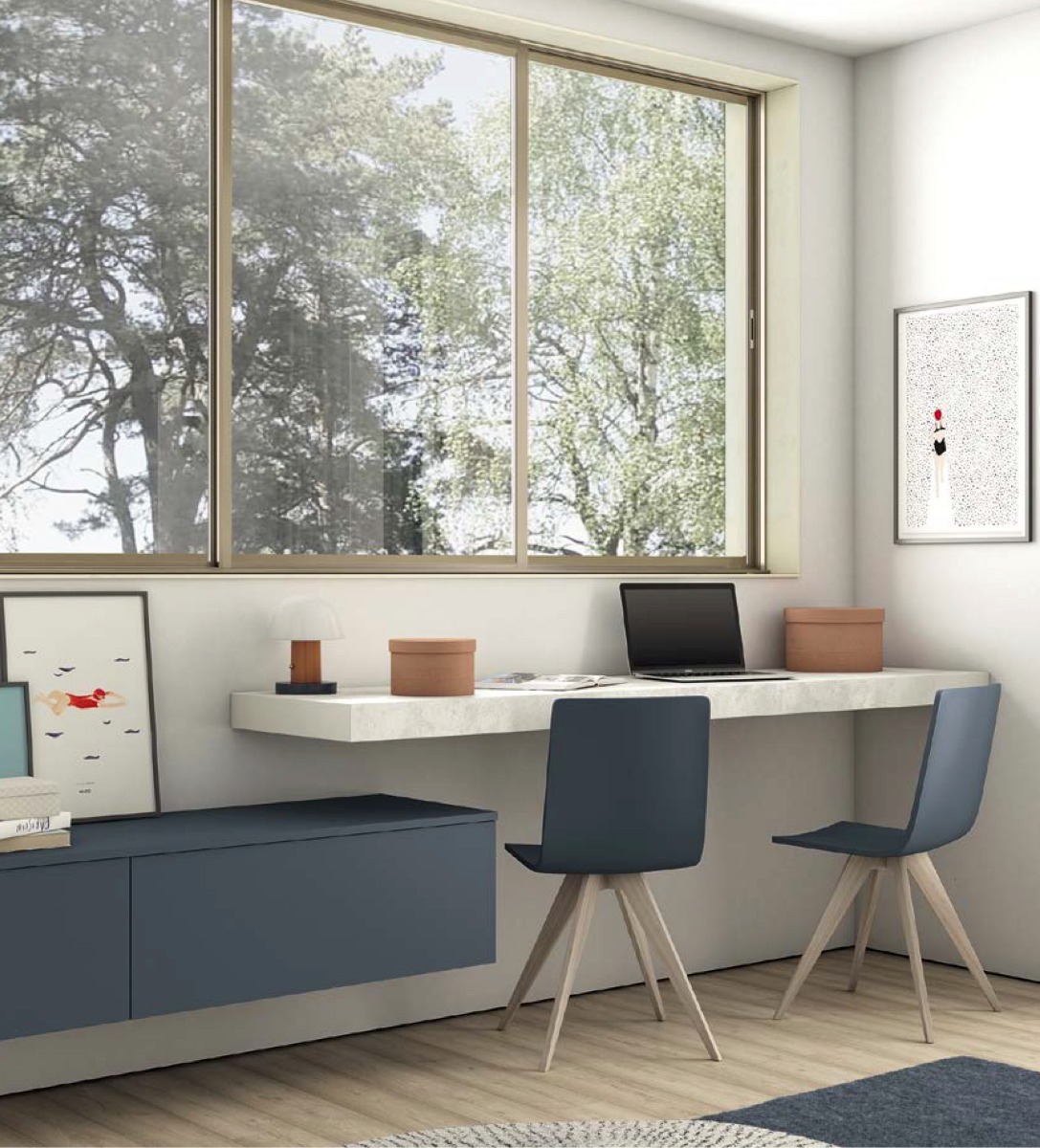 Scrivania sospesa con pensile, finitura Malta e Blu opale