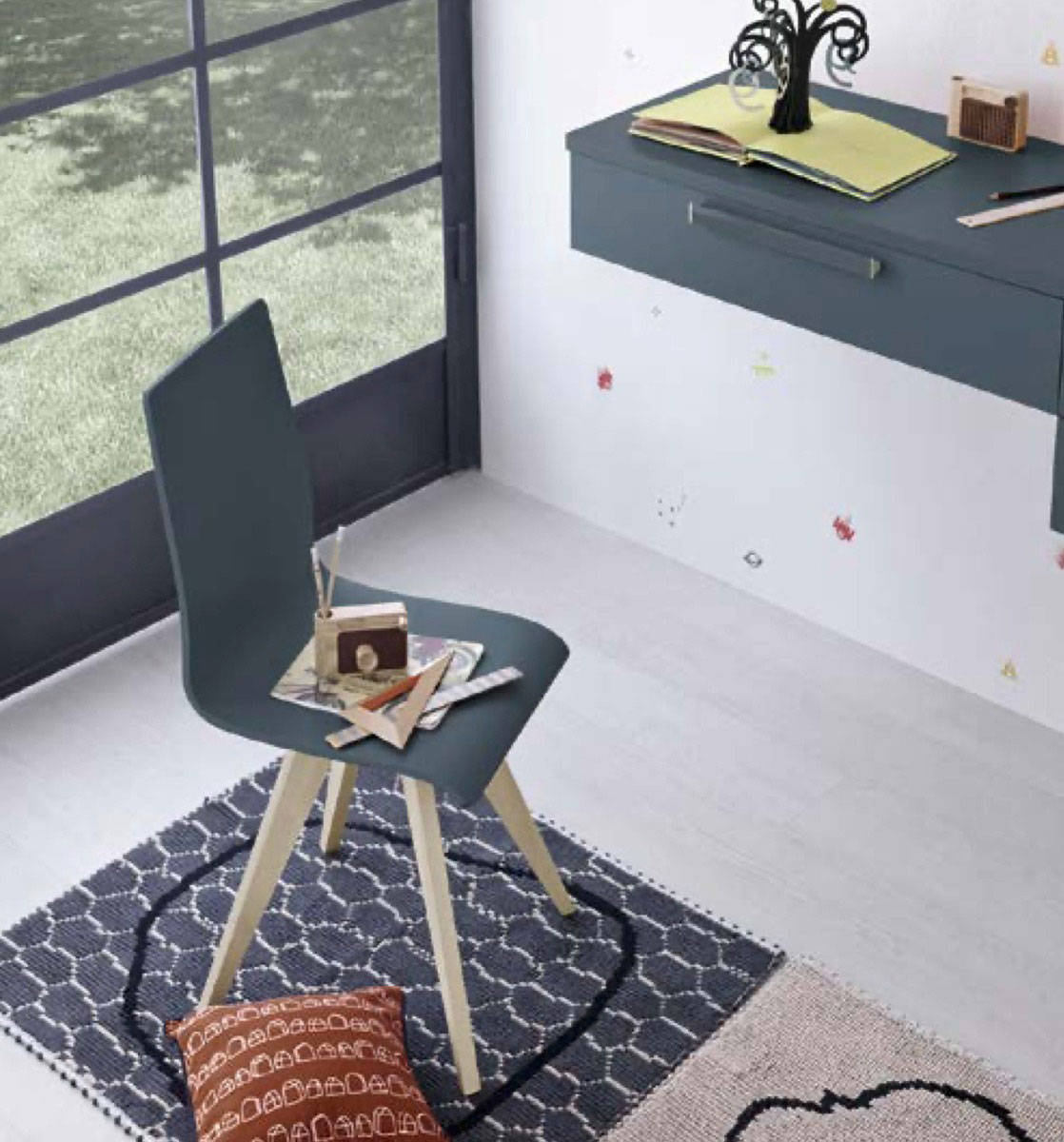 Scrivania salvaspazio estraibile con cassetti e ribalta, finitura Blu opale