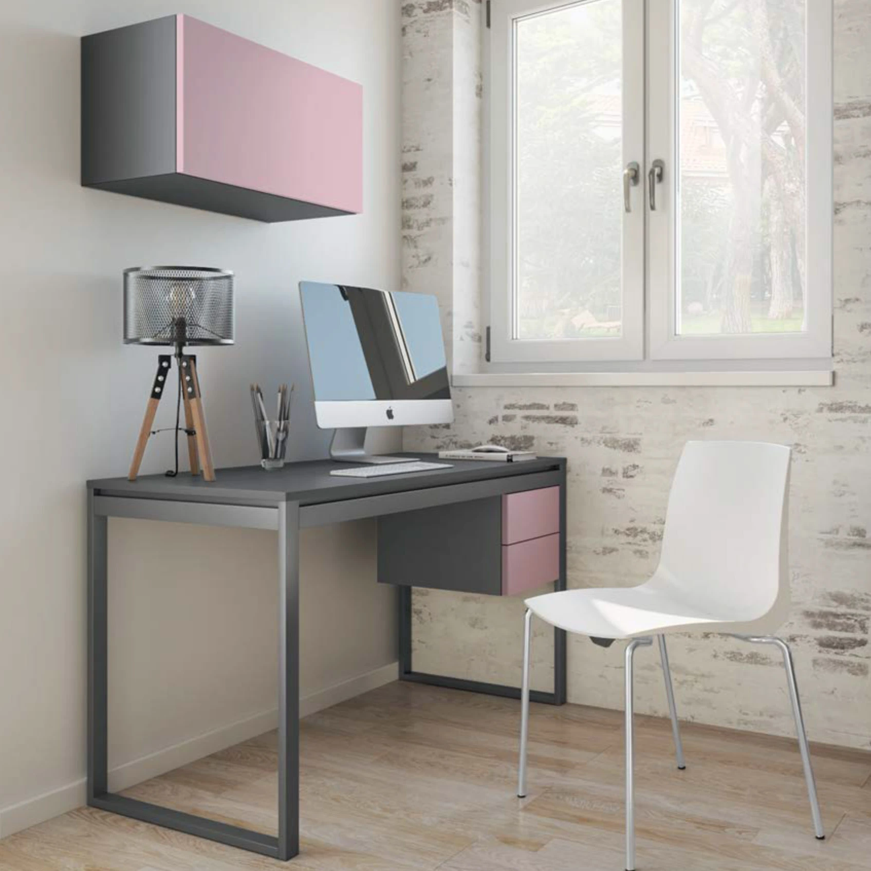 scrivania lilla e grigia