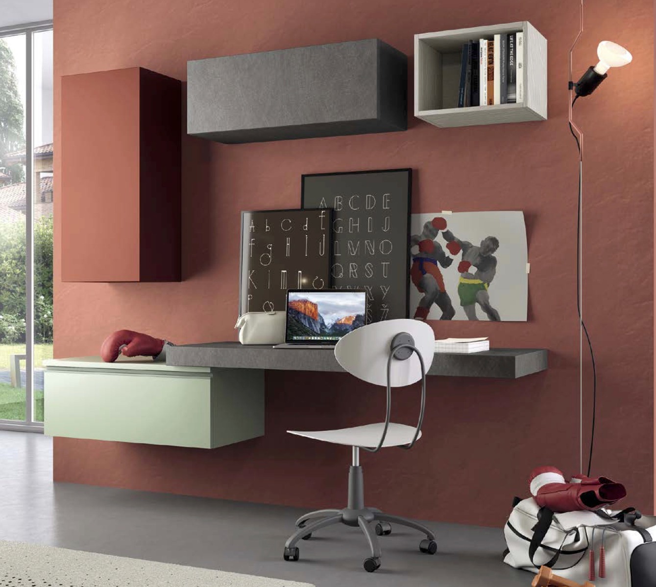 Scrivania sospesa Metal grey con pensile ribalta Agave