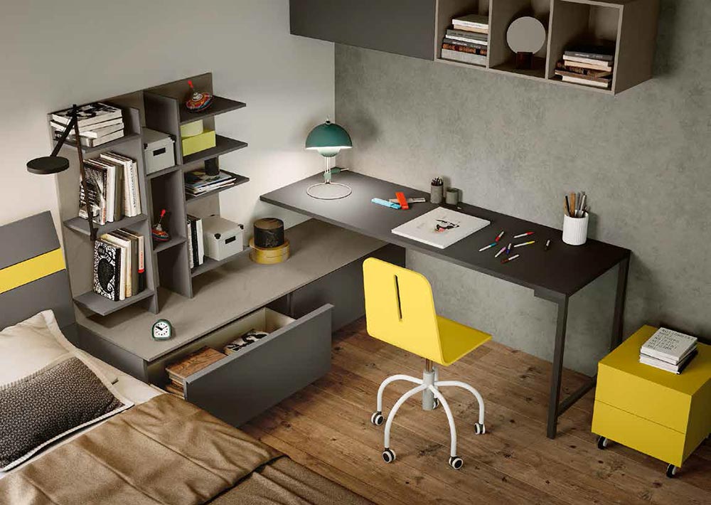 Cameretta colorata per ragazzi, fintiura Grigio cenere, Olmo natura e Giallo cedro