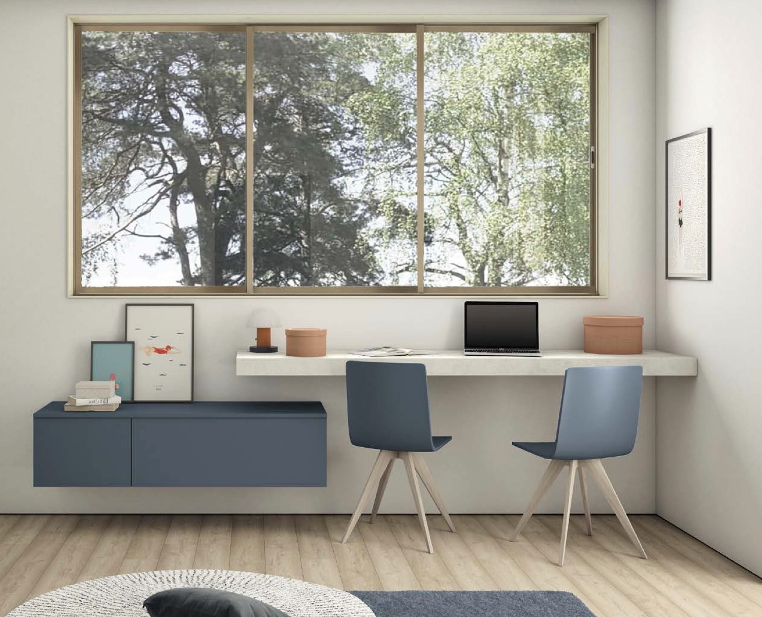 Scrivania sospesa con pensile, finitura Malta e Blu opale