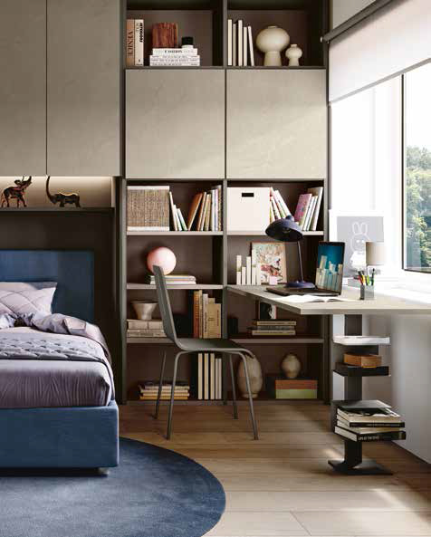 Camera ponte con letto imbottito, finitura Argilla, Bronzo e Grigio cenere