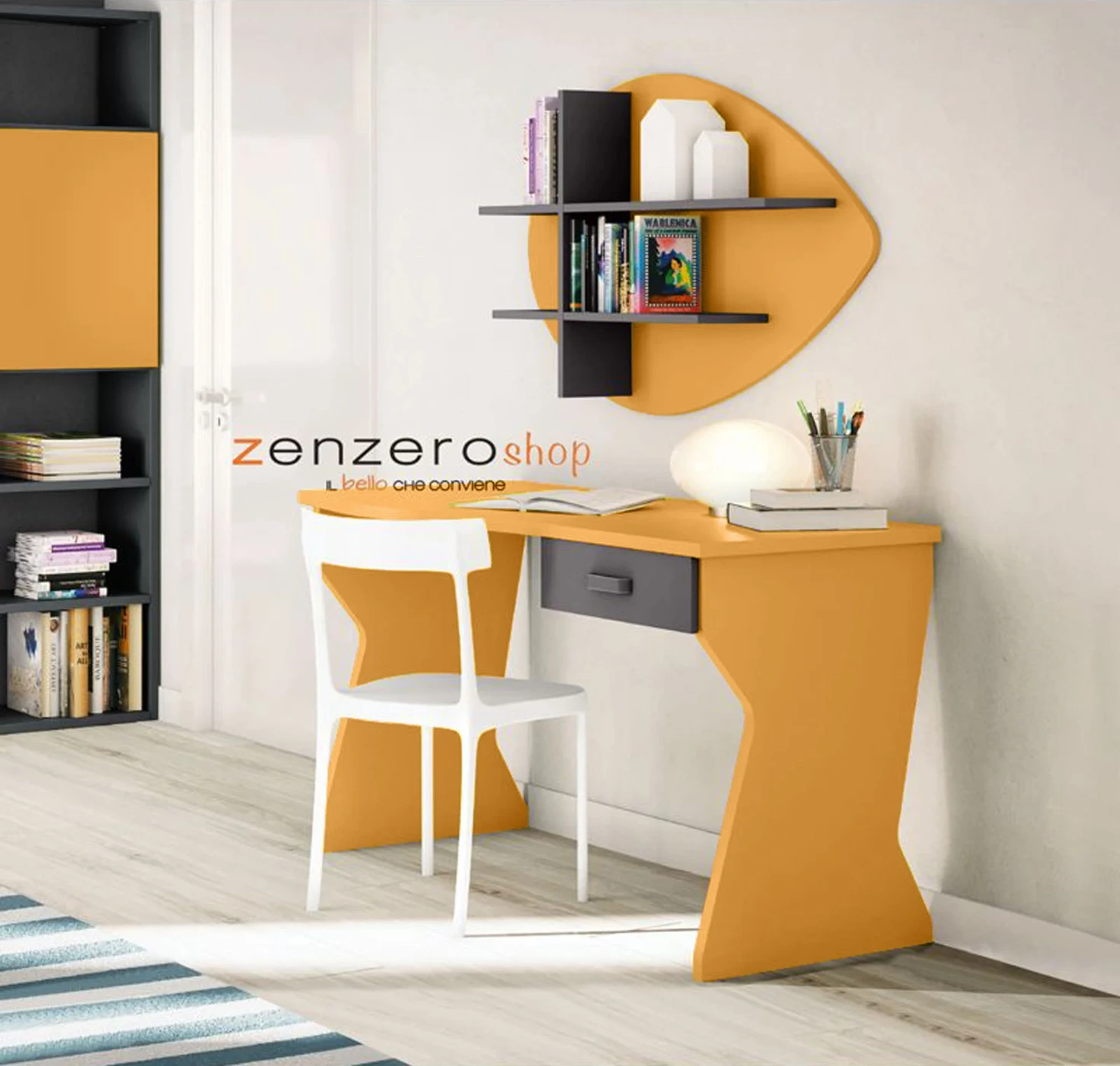 Scrivania moderna con 1 cassetto in finitura Miele e Grigio Titanio