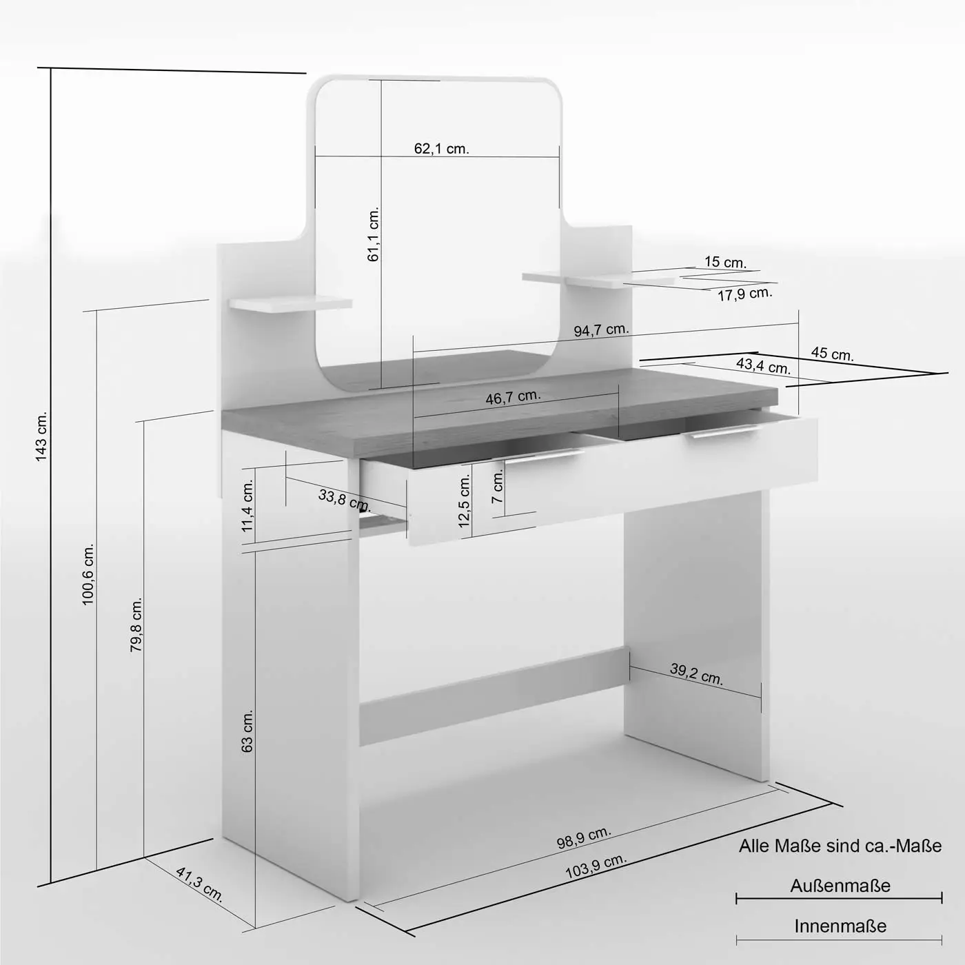 Toletta da trucco con cassetto, Bianco lucido 