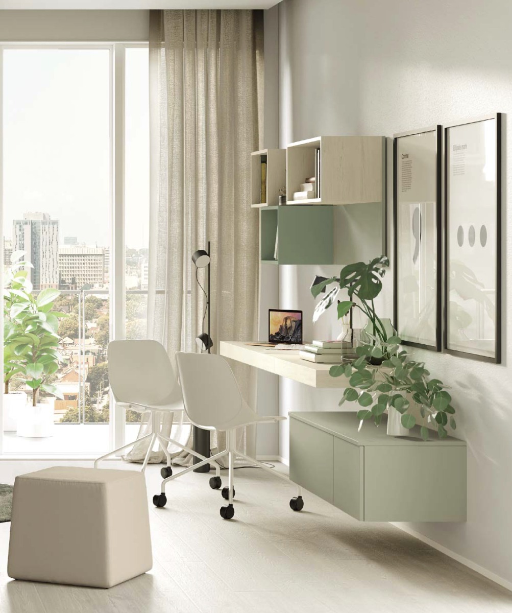 Scrivania sospesa doppia postazione con pensili, finitura Natural wood e Domy