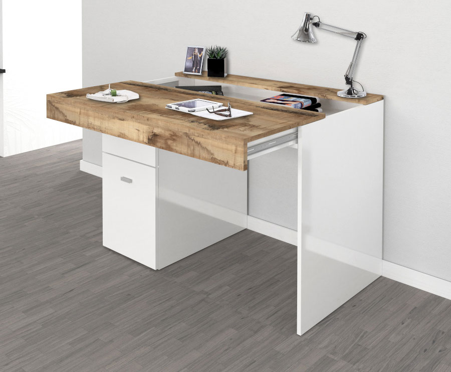 Scrivania 1 anta e 1 cassetto bianco lucido e pero, made in Italy