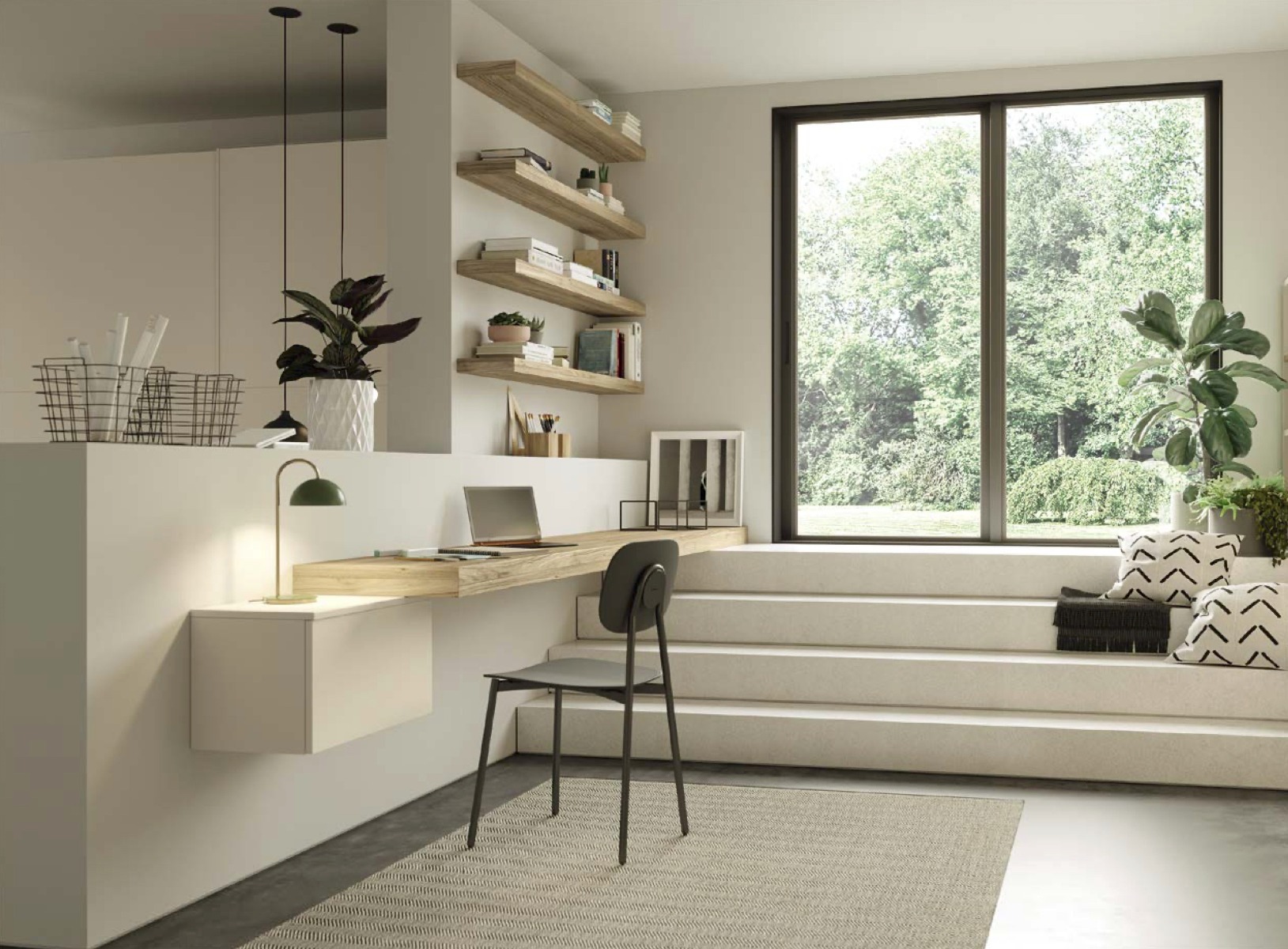 Scrivania moderna sospesa per camere e camerette, finitura Noce gold