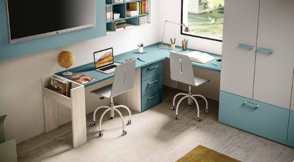 Scrivania angolare doppia postazione in Petrolio e Olmo