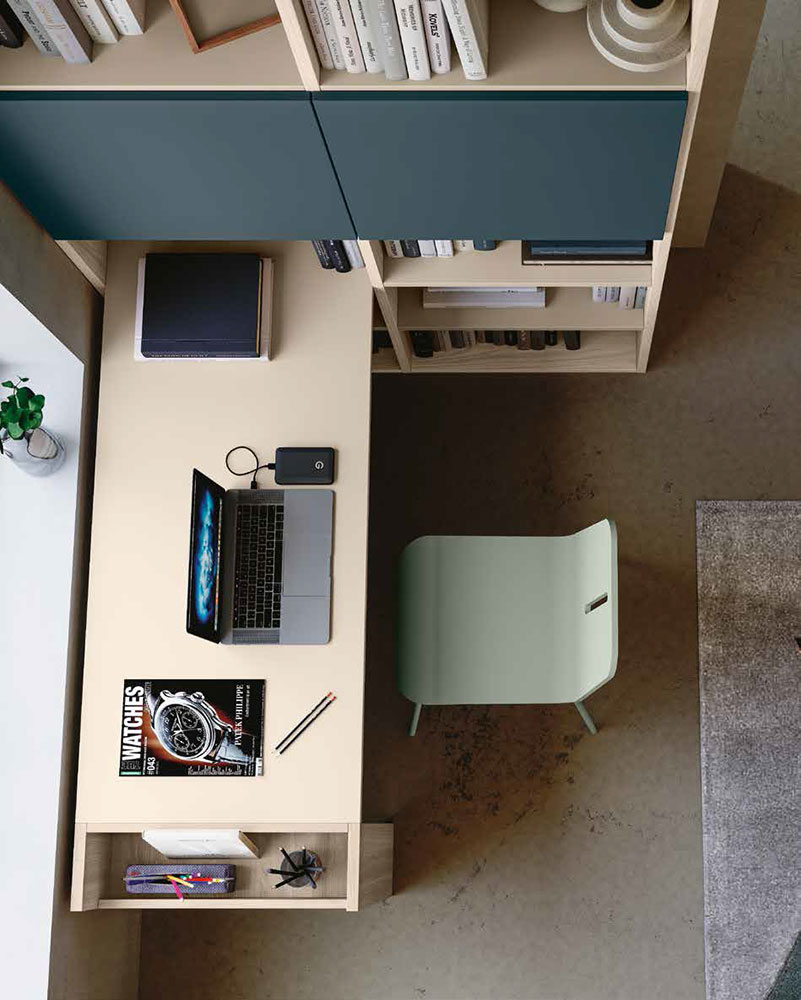 Cameretta con armadio scorrevole e letto imbottito, finitura Petrolio, Orzo e Olmo 