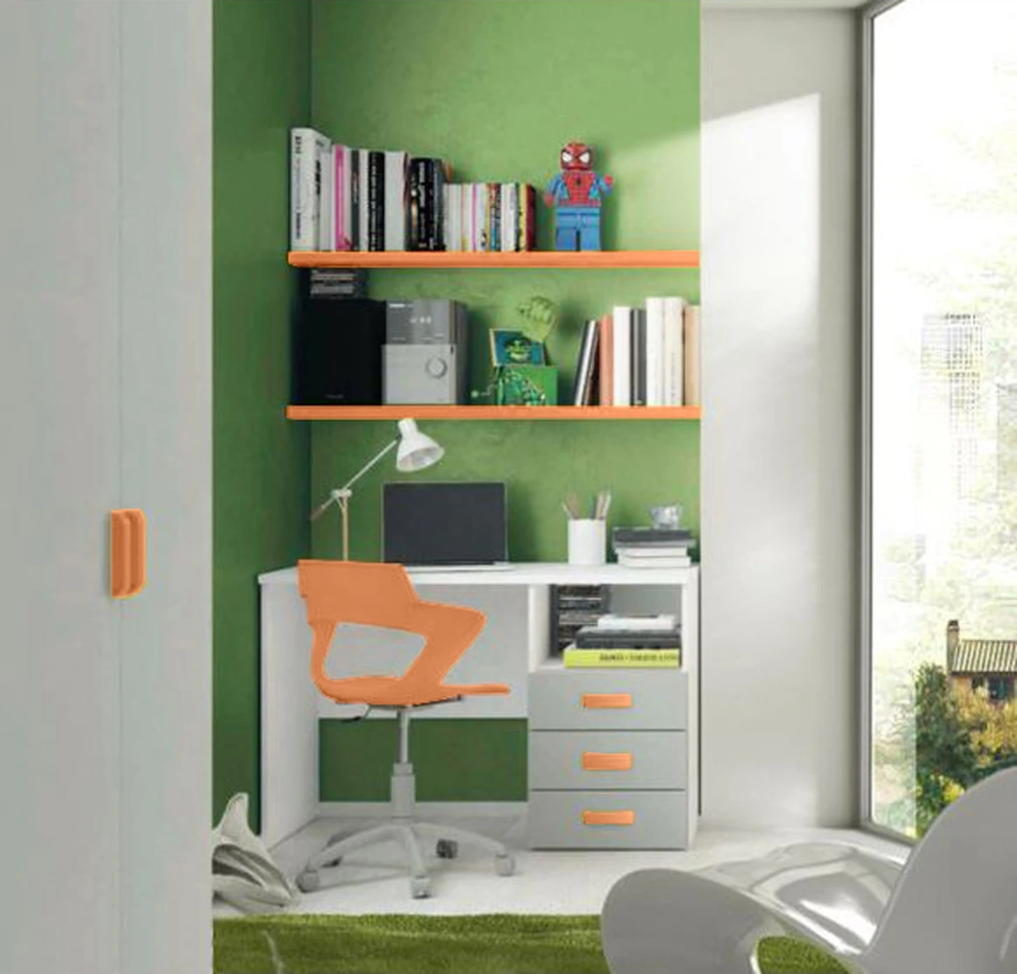 Scrivania con cassettiera e vano a giorno in finitura Grigio dorian, Rovere bianco e Papaya