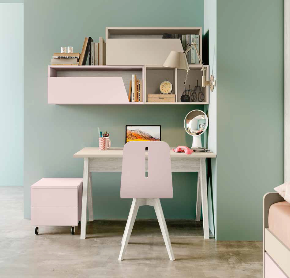 Soppalco camerette, finitura Bianco altea, Orzo e Rosa confetto