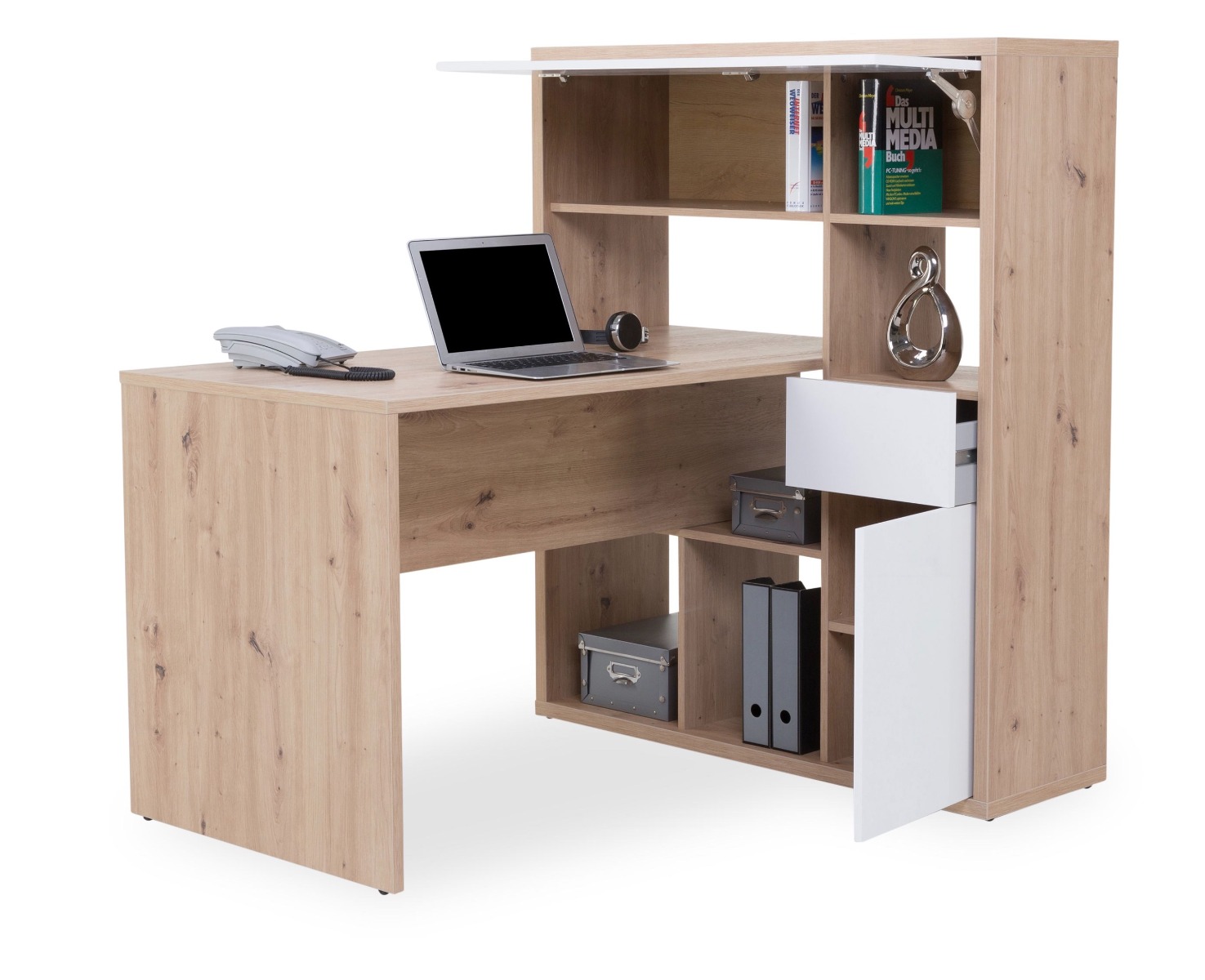 Scrivania moderna con 2 ante + 1 cassetto, colore Rovere e Bianco laccato