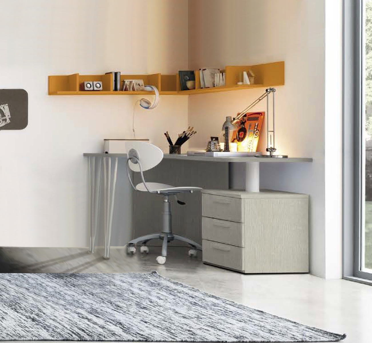 Scrivania angolare con cassettiera e piano sagomato, finitura Rovere dorian