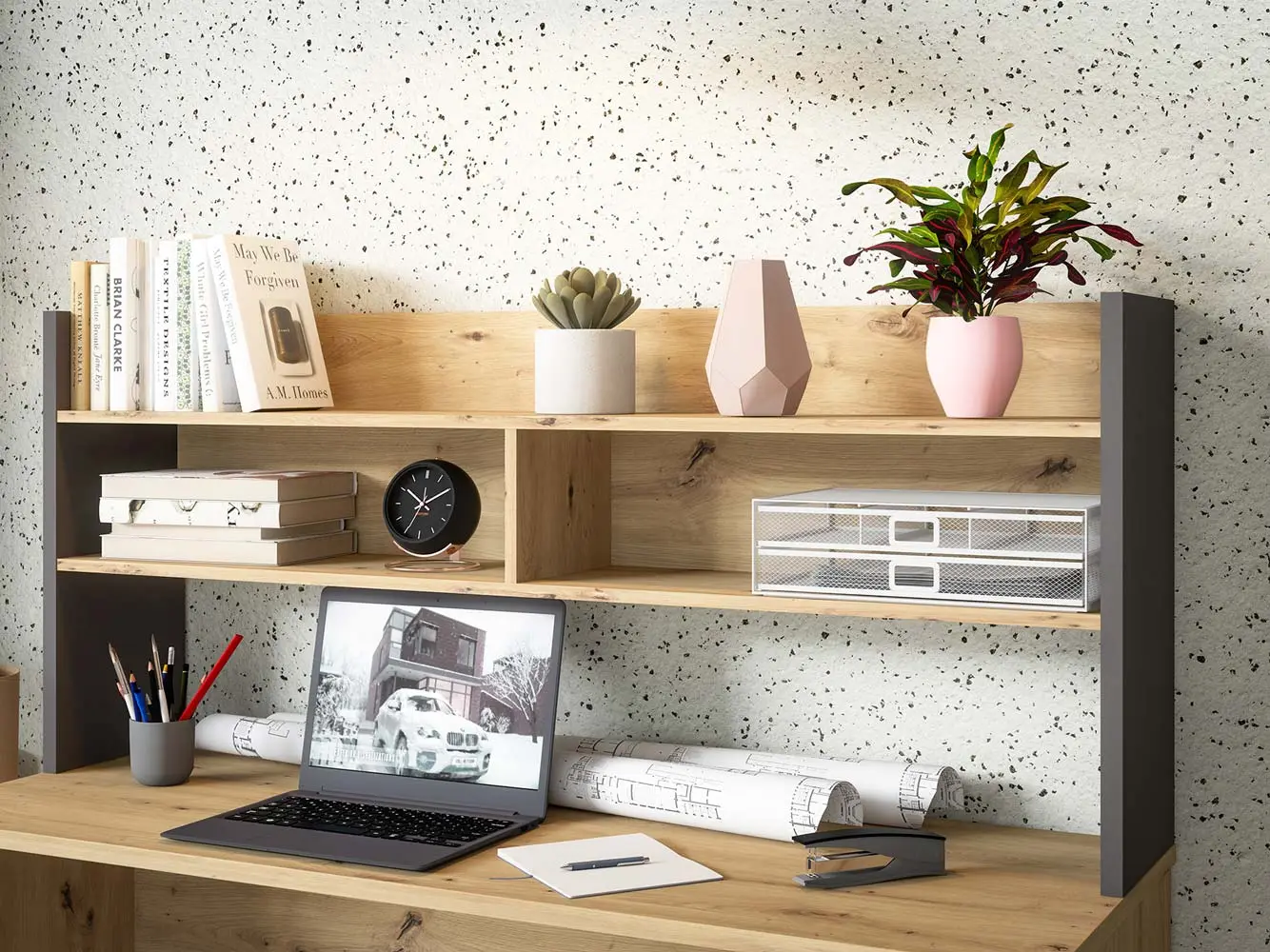 Scrivania con sopralzo, 140x52x132 h cm, Rovere Artisan e Grigio scuro