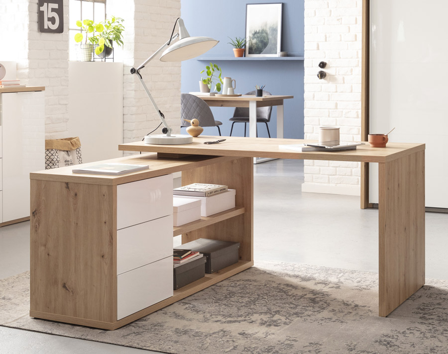 Scrivania moderna da ufficio dotata di 3 cassetti, finitura Rovere e Bianco laccato