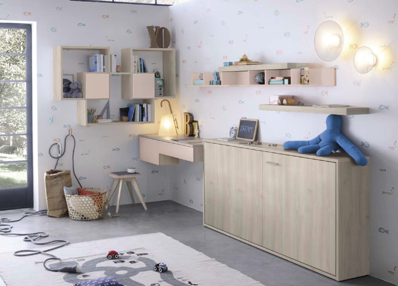 Scrivania salvaspazio estraibile, finitura Ciliegio bianco e Cipria