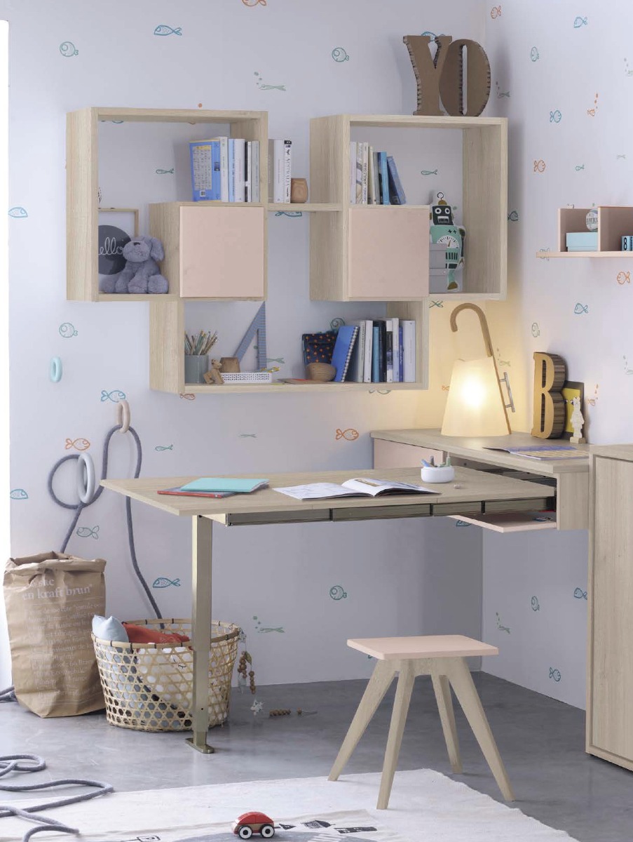 Scrivania salvaspazio estraibile, finitura Ciliegio bianco e Cipria