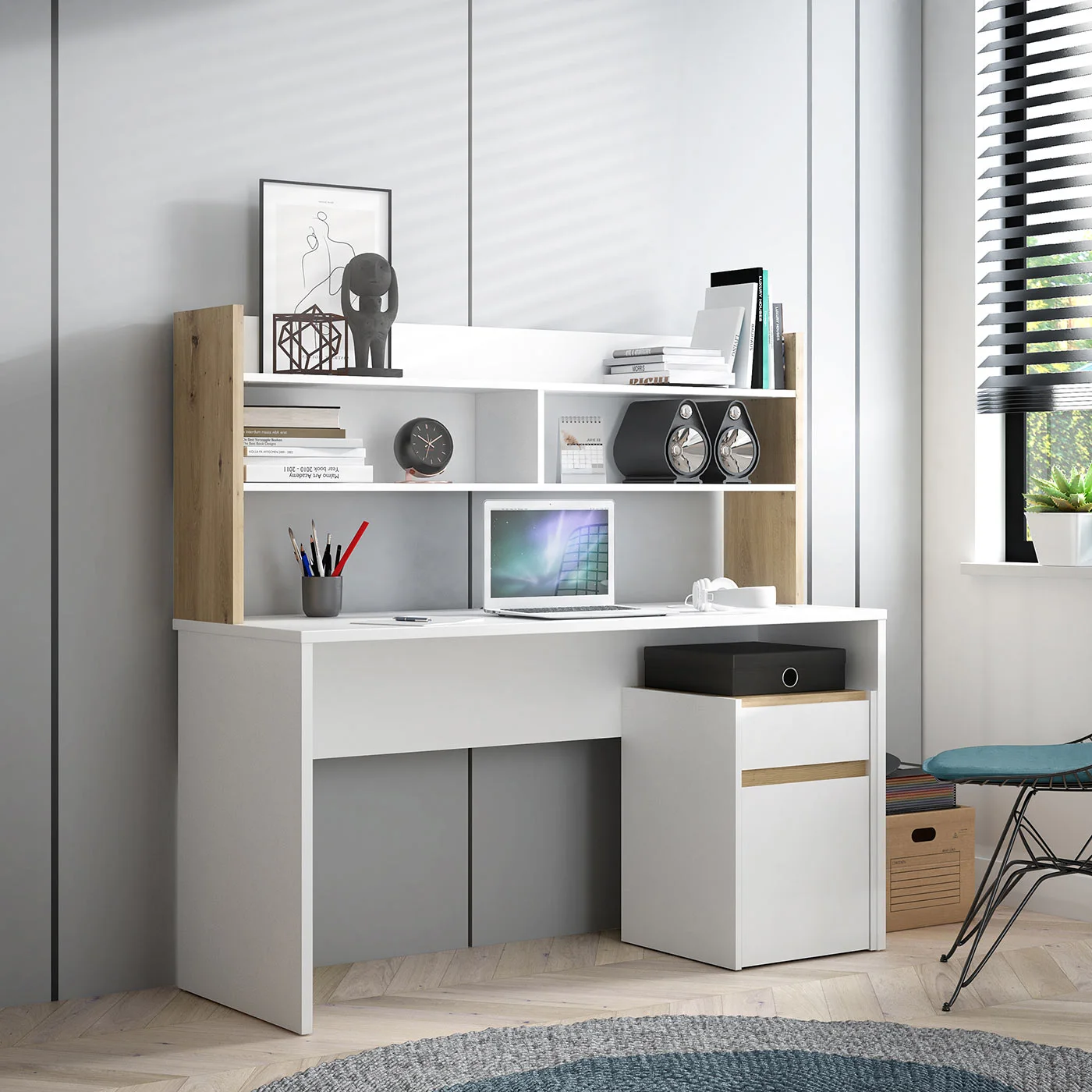 Scrivania con sopralzo, 140x52x132 h cm, Bianco e Rovere Artisan