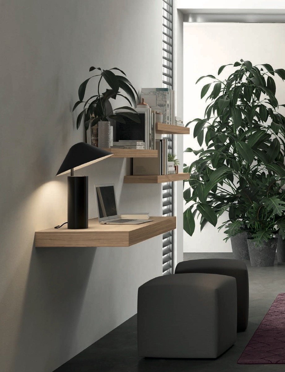 Scrivania sospesa  in finitura Noce, zona studio per camere e camerette