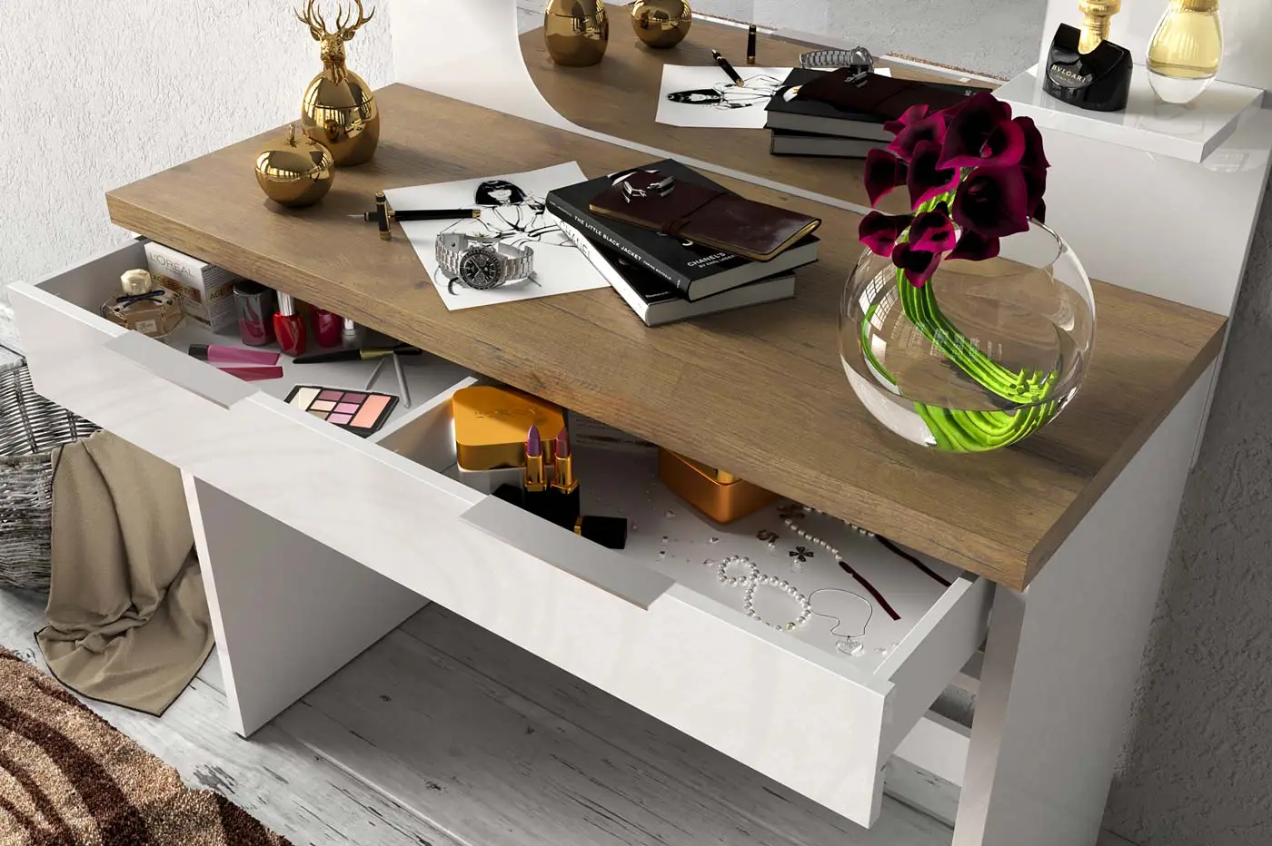 Toletta da trucco con cassetto, Bianco lucido 