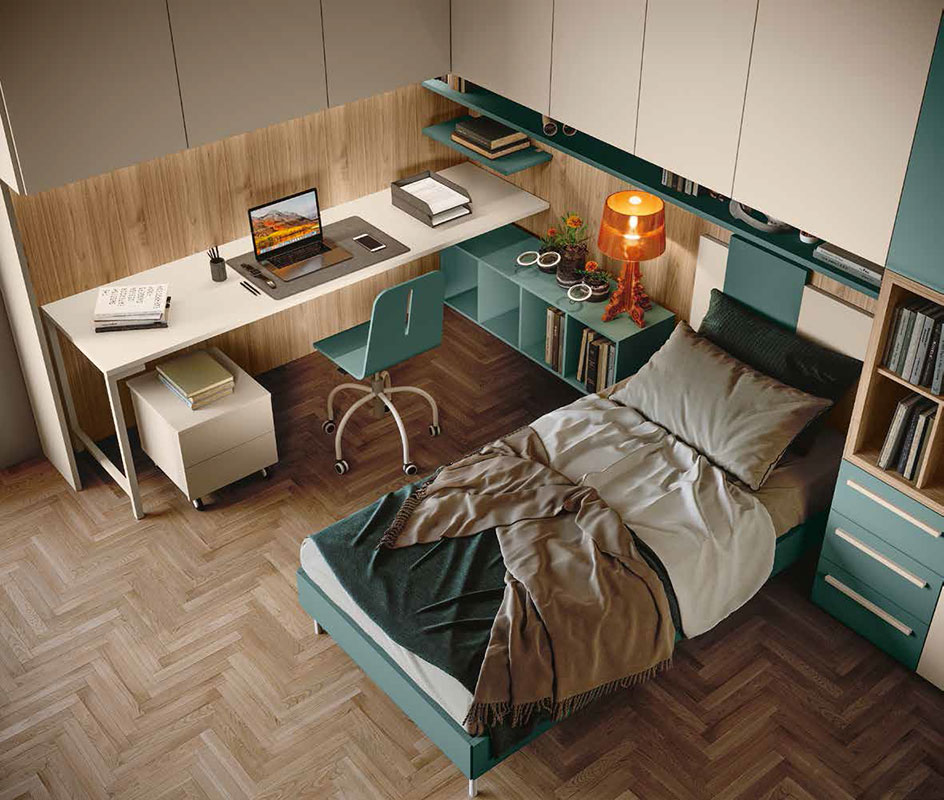 Cameretta con ponte angolare, finitura Noce biondo, Orzo e Verde salvia