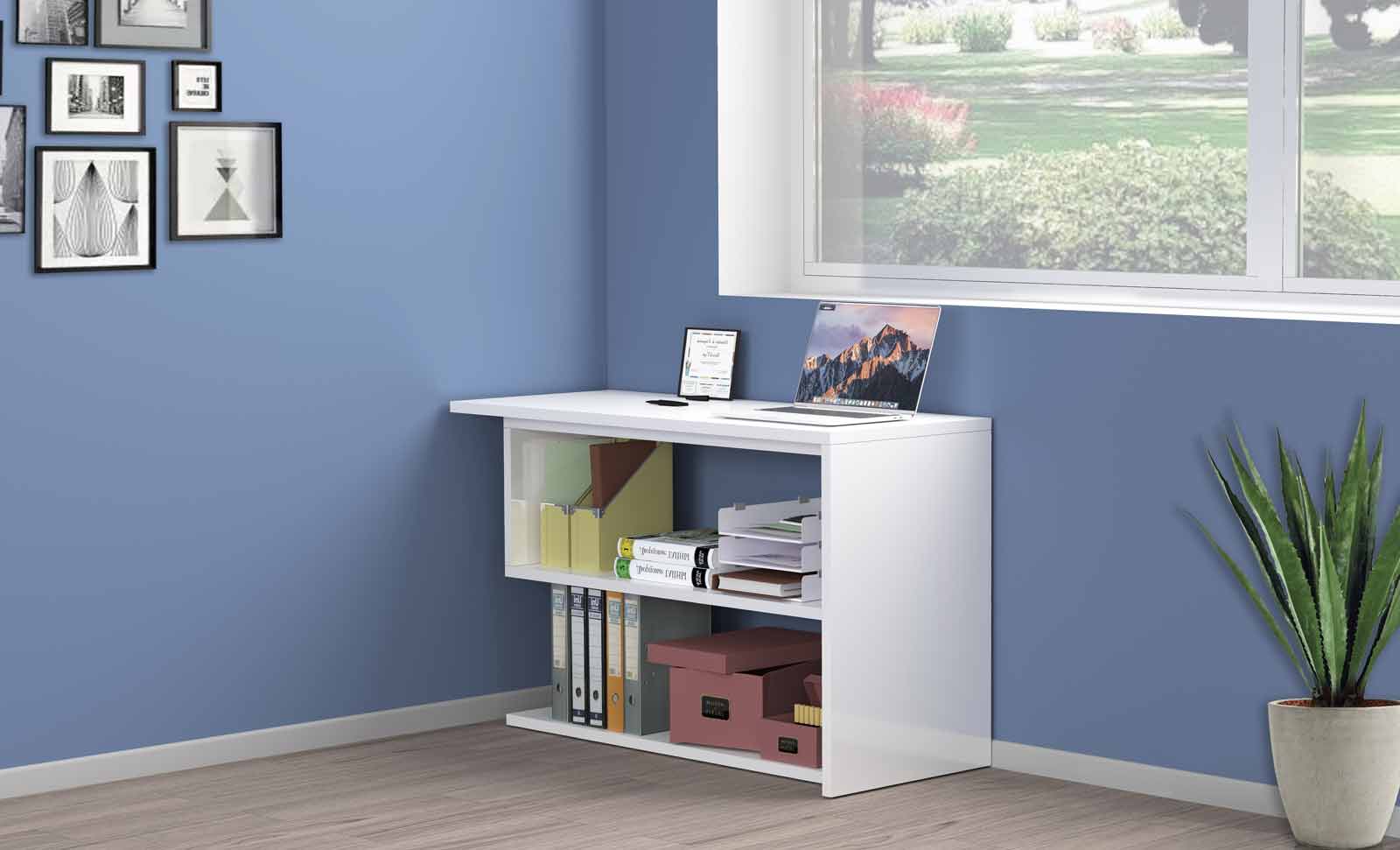 Funzionale Scrivania moderna pluriposizionabile finitura Bianca lucida, Made in Italy