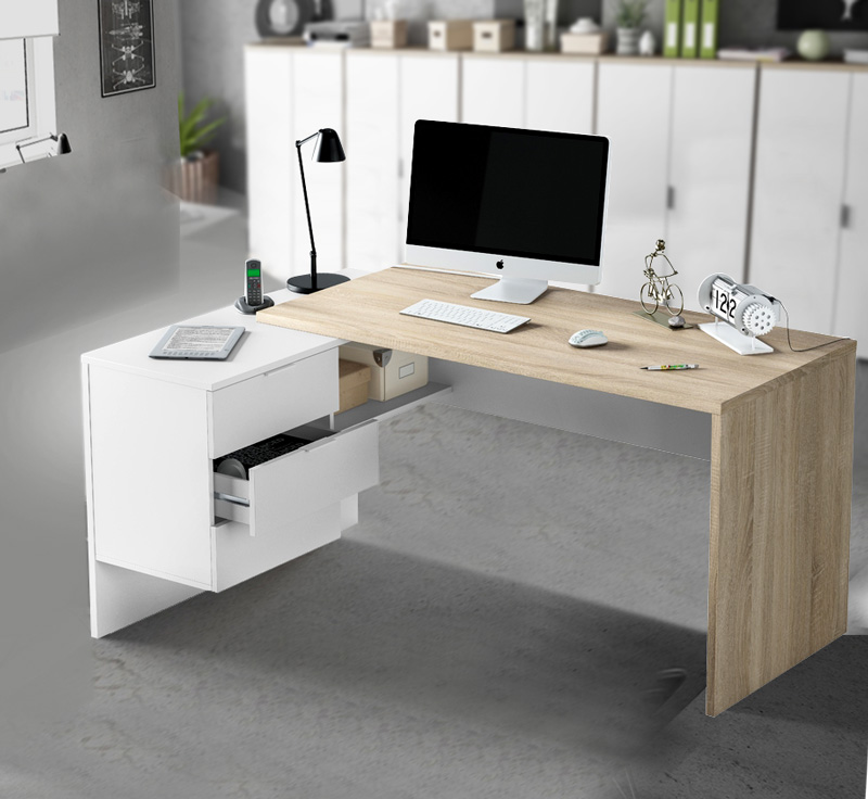 Scrivania ad angolo con cassettiera, Bianco artik e rovere canadian