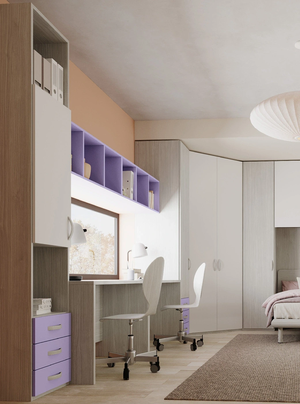 Zona studio con 2 scrivanie, libreria e pensili a giorno, Cenere wood e Malva Zenzero Shop