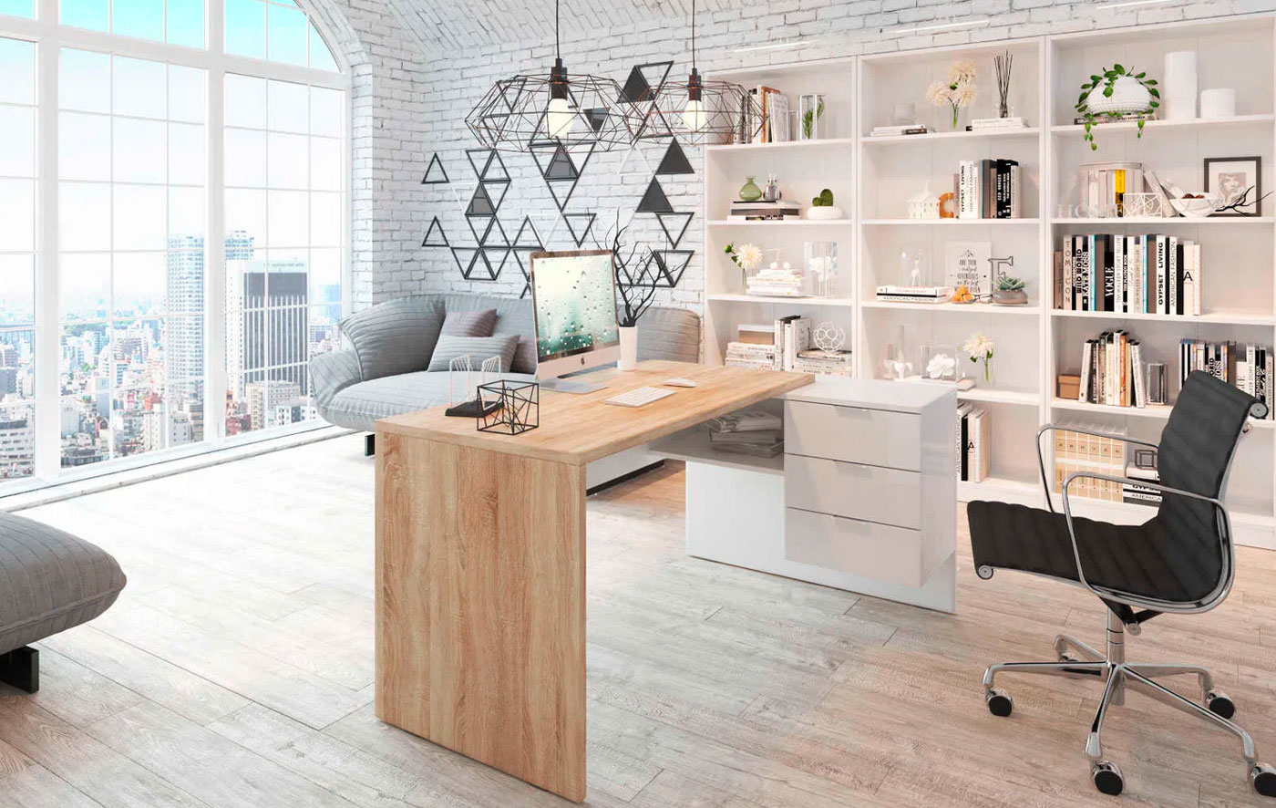 Ufficio moderno completo di 3 librerie e 1 scrivania, Bianco Artik e Rovere Canadian