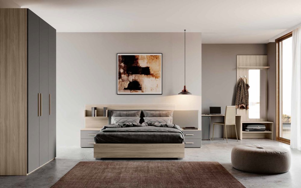 Letto matrimoniale moderno 160x190 in Grigio Argento e Olmo Natura