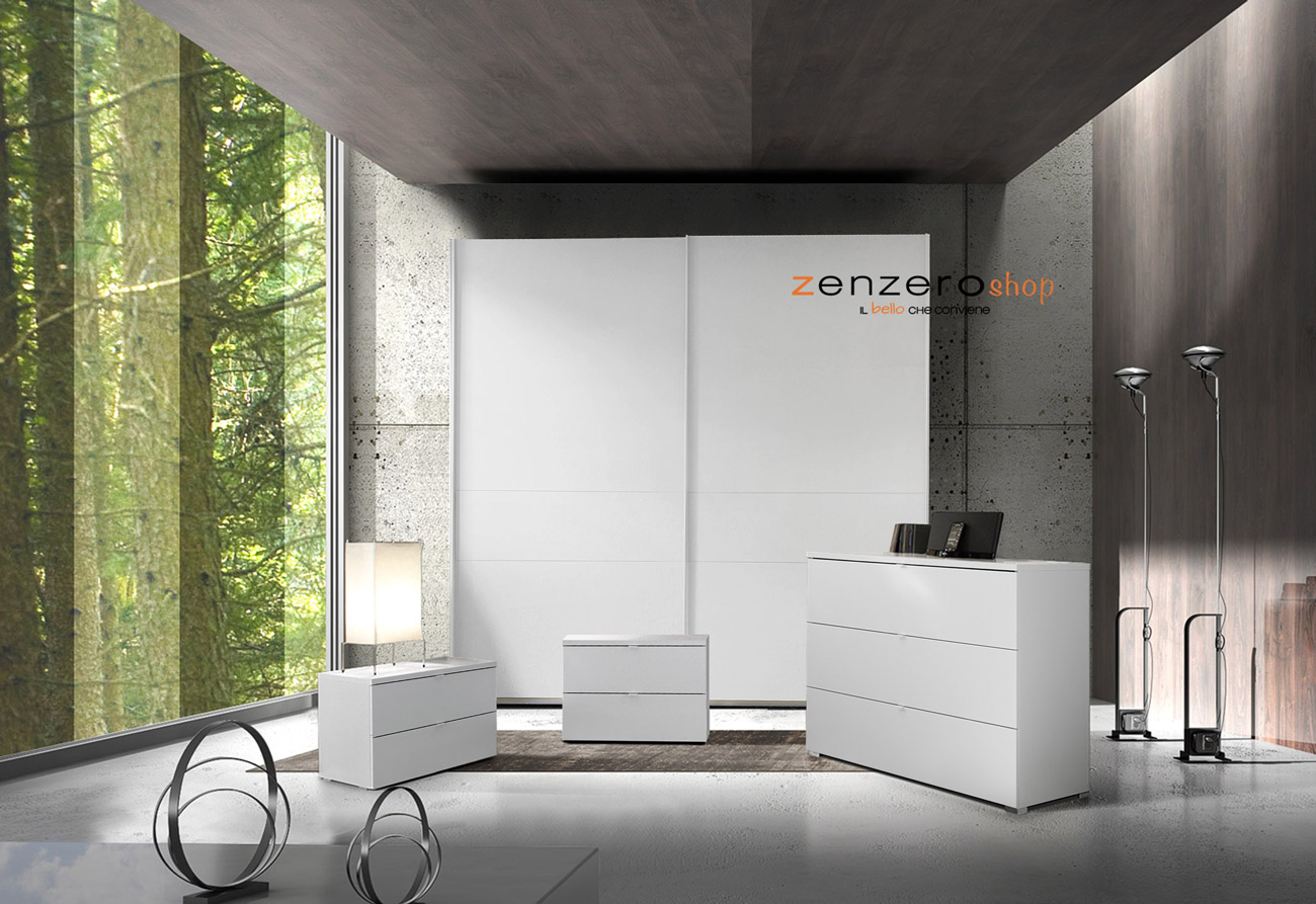 Set Comò e 2 comodini, design moderno, finitura bianco opaco