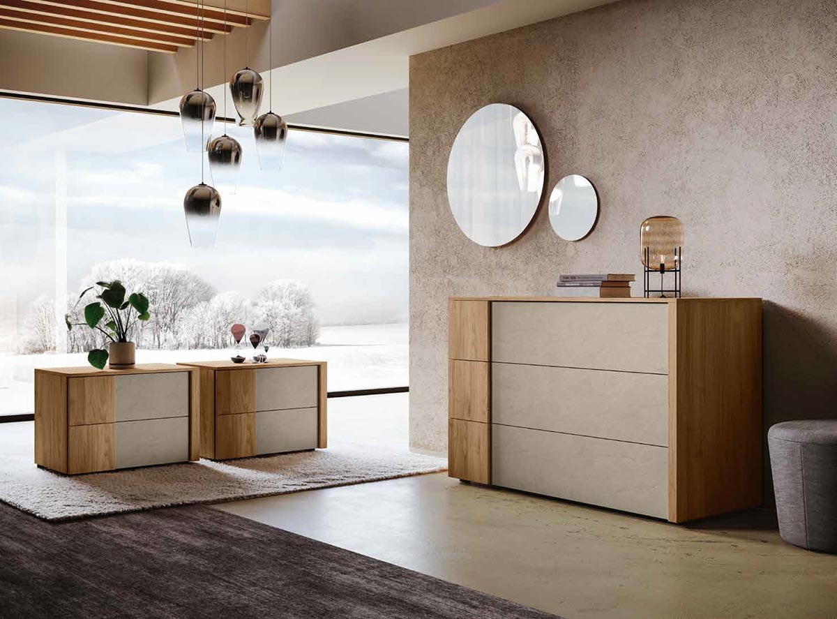 Set Santorini  composto da comò e 2 comodini, Noce biondo e Argilla