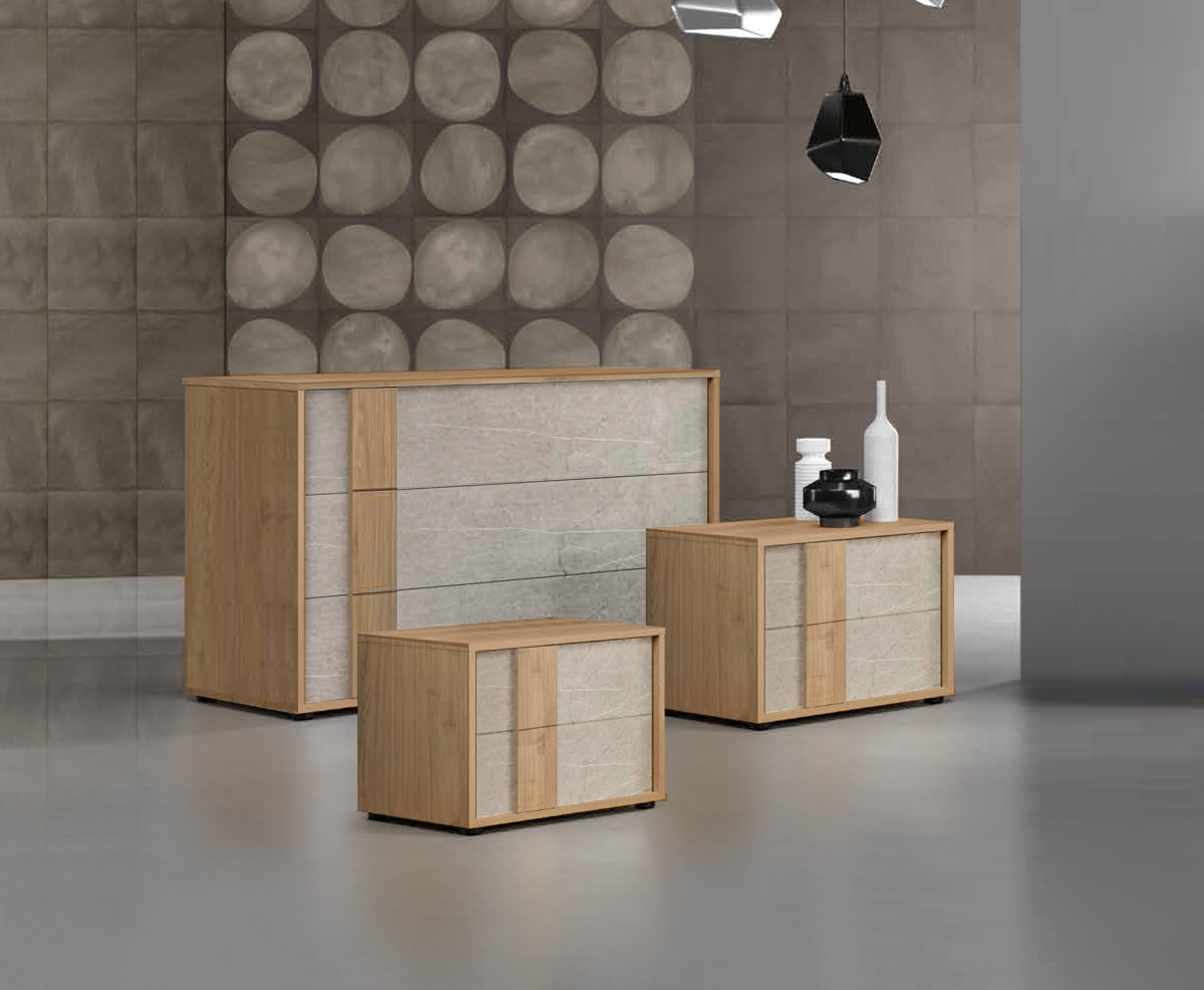 Set moderno comò e comodini, finitura Noce biondo e Graniglia chiaro