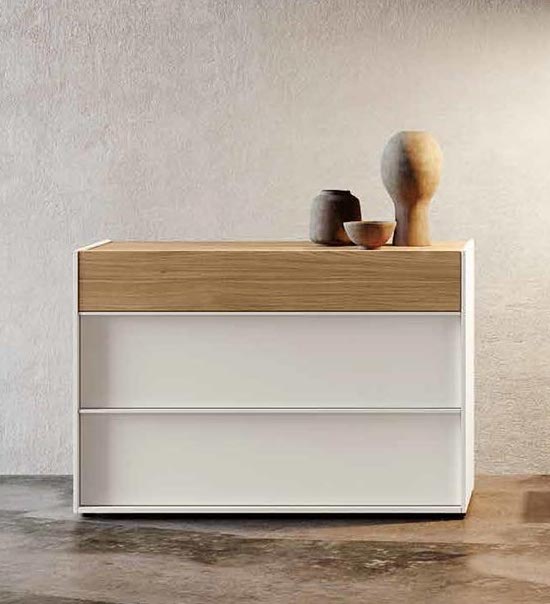 Comò moderno Bali, finitura Bianco laccato opaco e Noce biondo