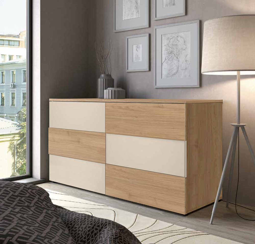 Set comò e comodini moderno, finitura Noce biondo e Orzo