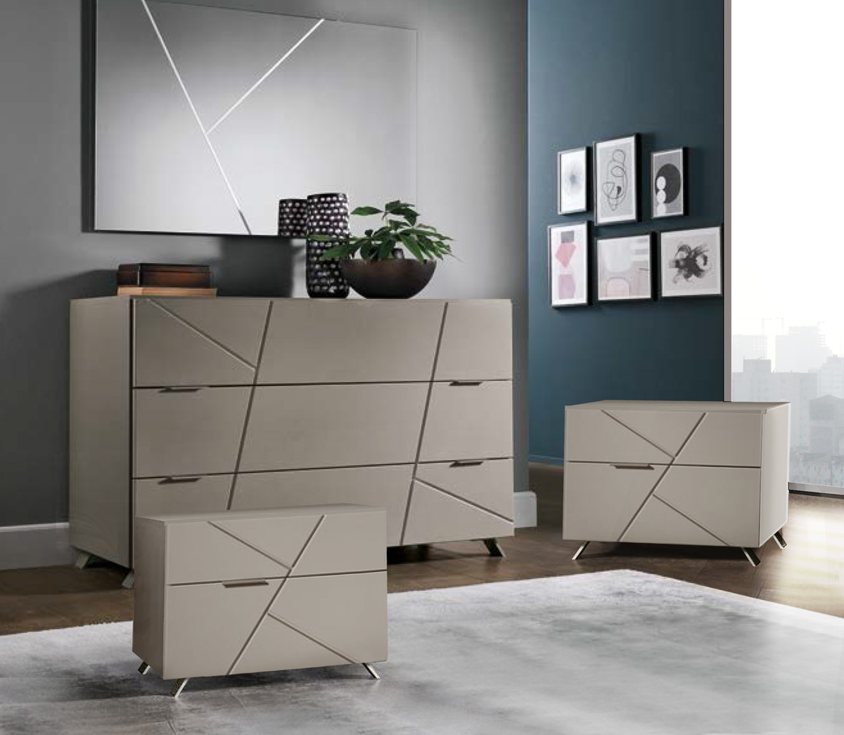 Set comò e comodini moderno in finitura Grigio londra