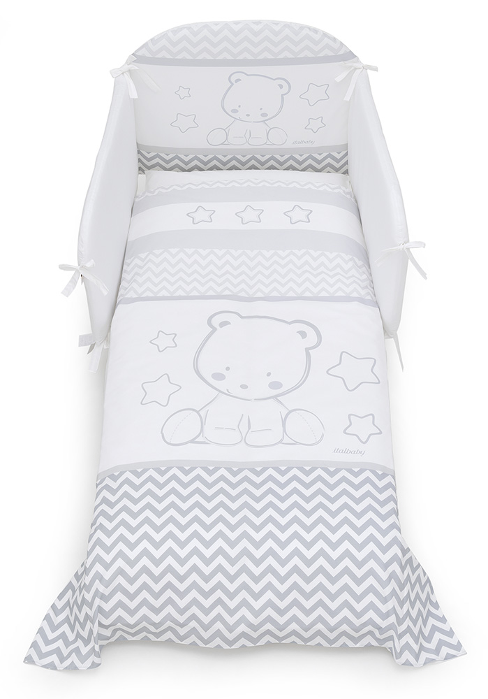 Culla moderna Teddy con ruote, finitura Grigio con decori in tinta